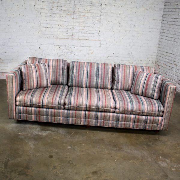 1987 Modern Tuxedo Style Sofa by Thomasville Navy, Gray, Lavender, & Red Striped Upholstery
