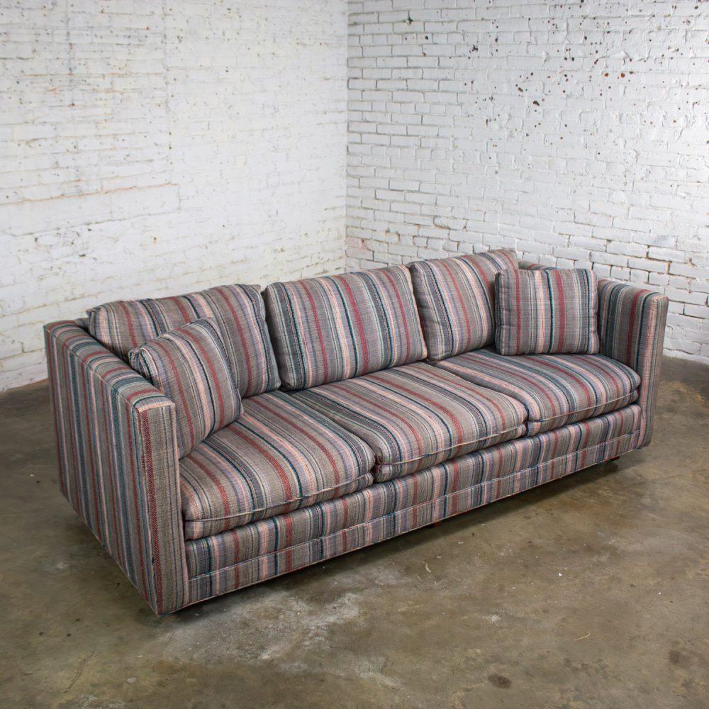 1987 Modern Tuxedo Style Sofa by Thomasville Navy, Gray, Lavender, & Red Striped Upholstery