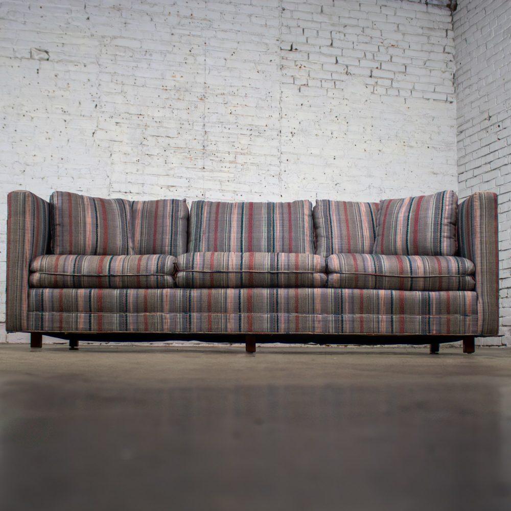 1987 Modern Tuxedo Style Sofa by Thomasville Navy, Gray, Lavender, & Red Striped Upholstery