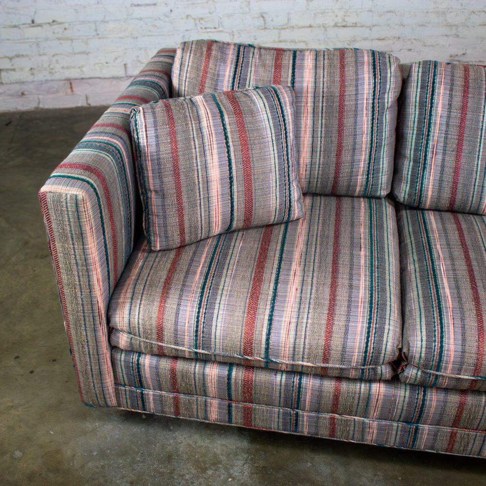 1987 Modern Tuxedo Style Sofa by Thomasville Navy, Gray, Lavender, & Red Striped Upholstery