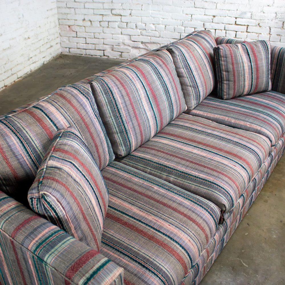 1987 Modern Tuxedo Style Sofa by Thomasville Navy, Gray, Lavender, & Red Striped Upholstery