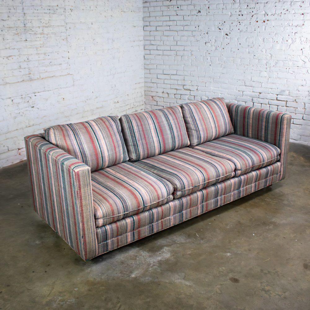 1987 Modern Tuxedo Style Sofa by Thomasville Navy, Gray, Lavender, & Red Striped Upholstery