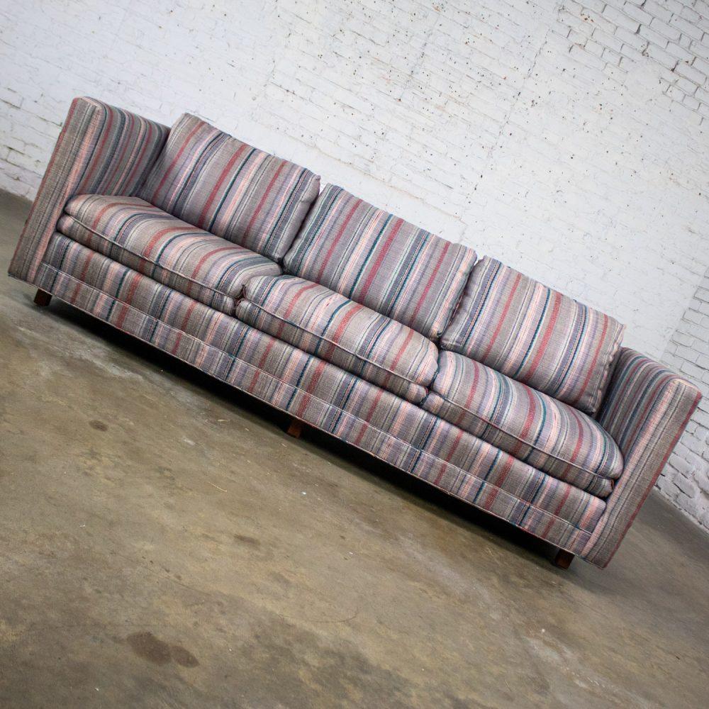 1987 Modern Tuxedo Style Sofa by Thomasville Navy, Gray, Lavender, & Red Striped Upholstery