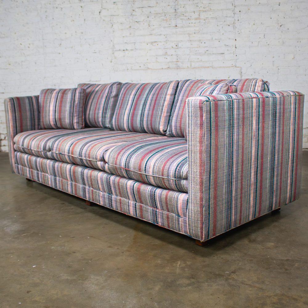 1987 Modern Tuxedo Style Sofa by Thomasville Navy, Gray, Lavender, & Red Striped Upholstery