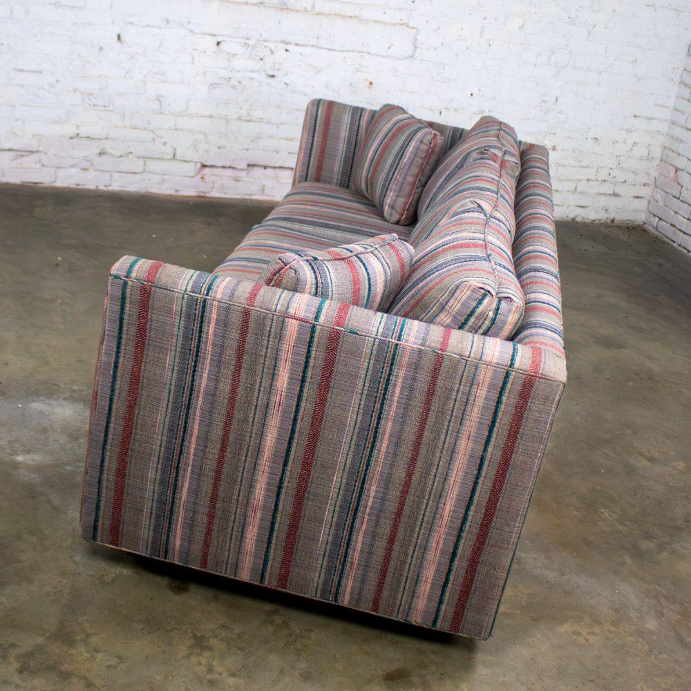 1987 Modern Tuxedo Style Sofa by Thomasville Navy, Gray, Lavender, & Red Striped Upholstery