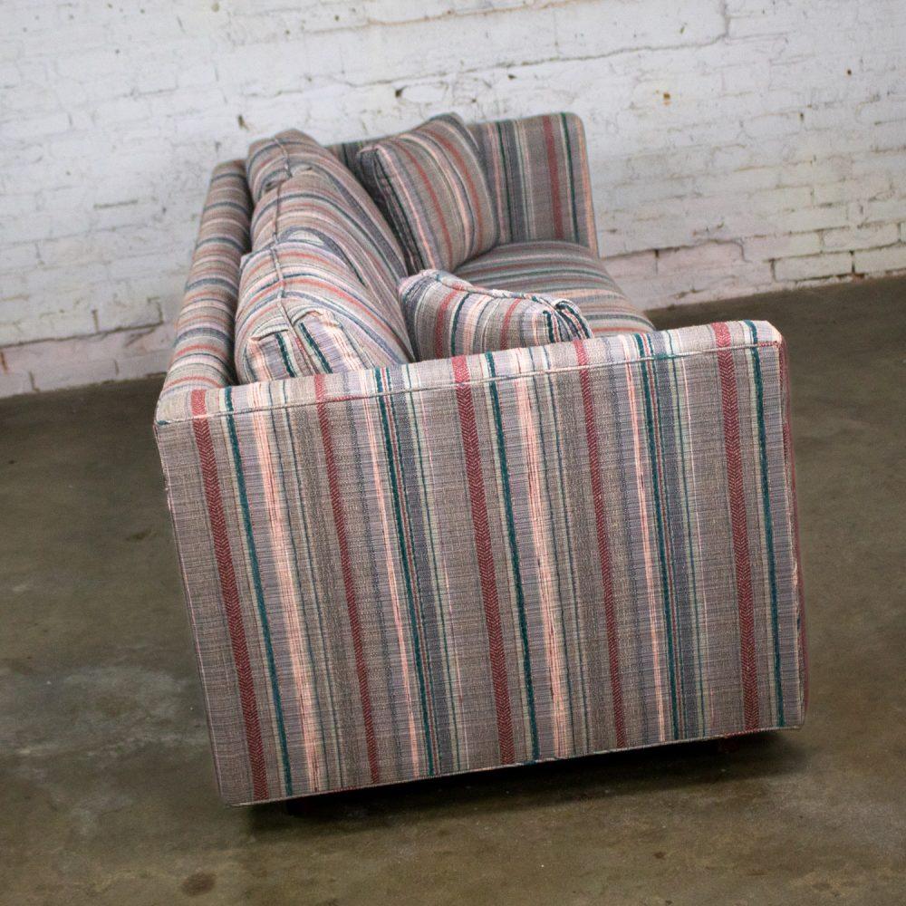 1987 Modern Tuxedo Style Sofa by Thomasville Navy, Gray, Lavender, & Red Striped Upholstery