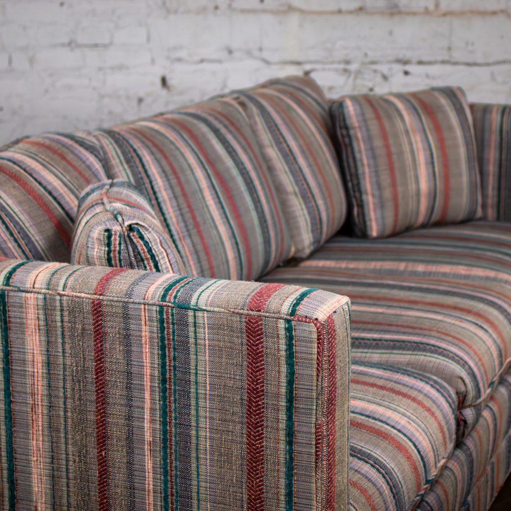 1987 Modern Tuxedo Style Sofa by Thomasville Navy, Gray, Lavender, & Red Striped Upholstery