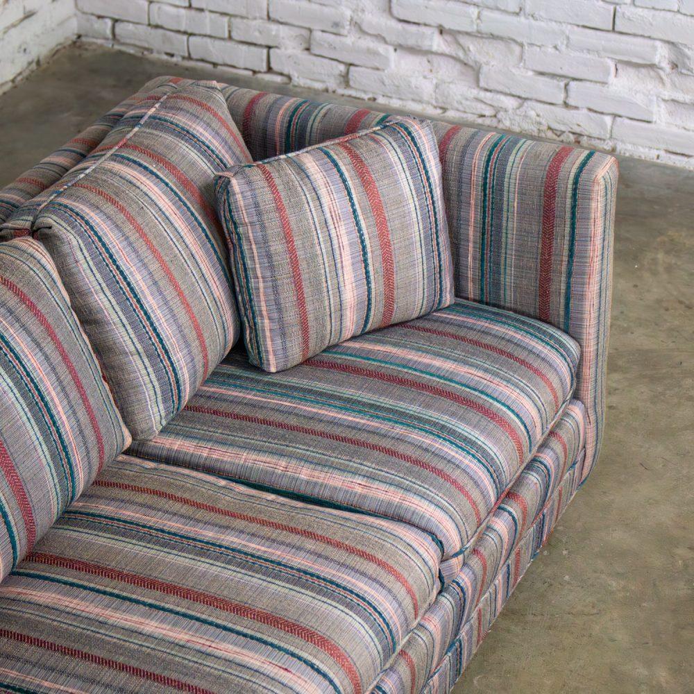 1987 Modern Tuxedo Style Sofa by Thomasville Navy, Gray, Lavender, & Red Striped Upholstery