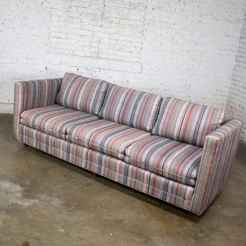 1987 Modern Tuxedo Style Sofa by Thomasville Navy, Gray, Lavender, & Red Striped Upholstery