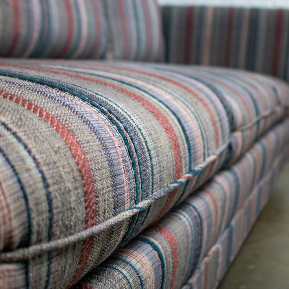1987 Modern Tuxedo Style Sofa by Thomasville Navy, Gray, Lavender, & Red Striped Upholstery