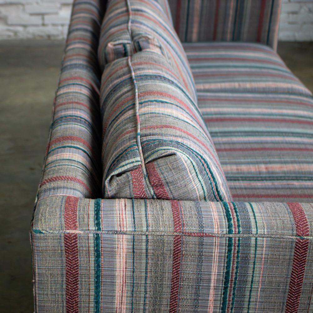1987 Modern Tuxedo Style Sofa by Thomasville Navy, Gray, Lavender, & Red Striped Upholstery