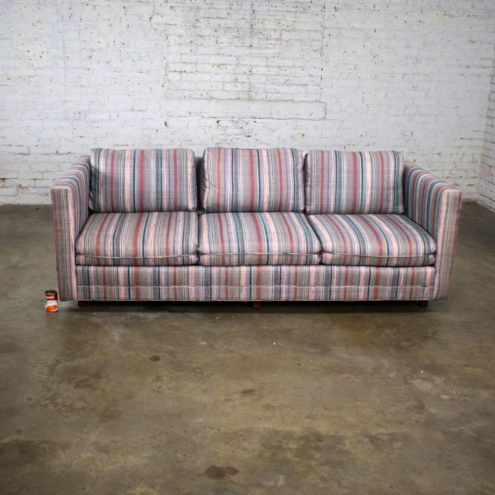 1987 Modern Tuxedo Style Sofa by Thomasville Navy, Gray, Lavender, & Red Striped Upholstery