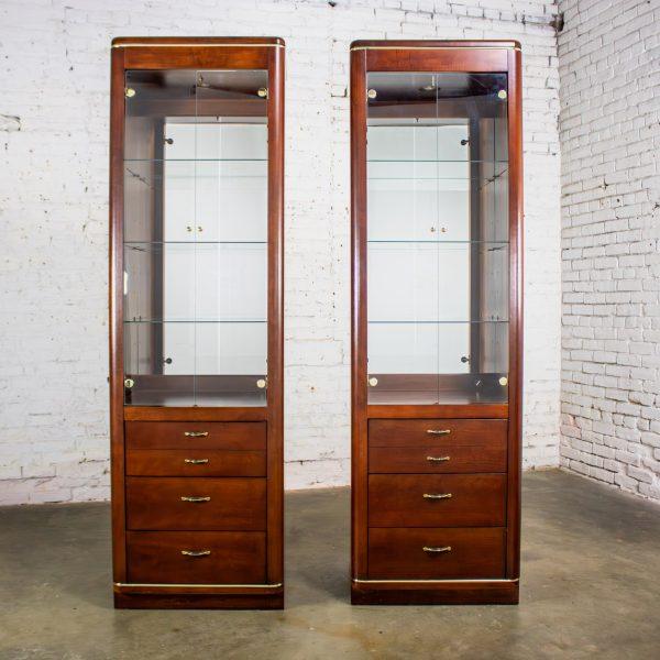 Late 20th Century Modern Pair Lighted Display Cabinets by Bassett Furniture Cherrywood & Brass