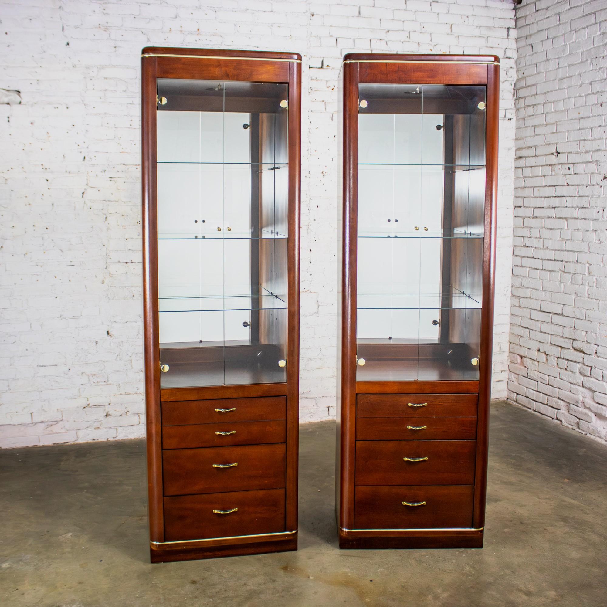 Late 20th Century Modern Pair Lighted Display Cabinets by Bassett Furniture Cherrywood & Brass