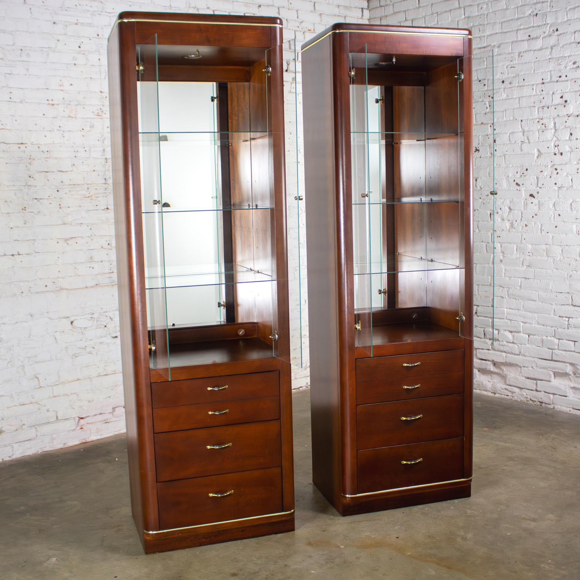 Late 20th Century Modern Pair Lighted Display Cabinets by Bassett Furniture Cherrywood & Brass