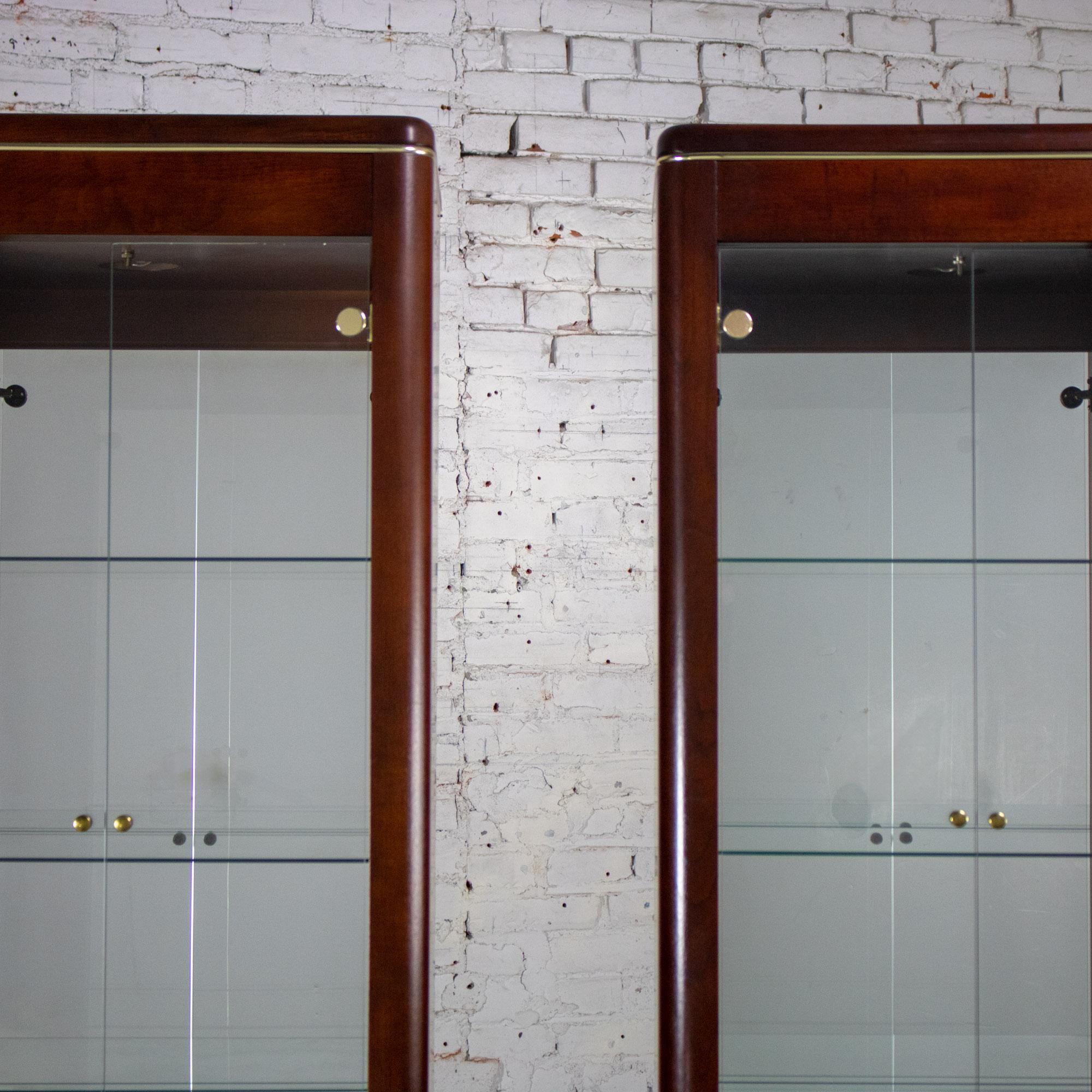 Late 20th Century Modern Pair Lighted Display Cabinets by Bassett Furniture Cherrywood & Brass