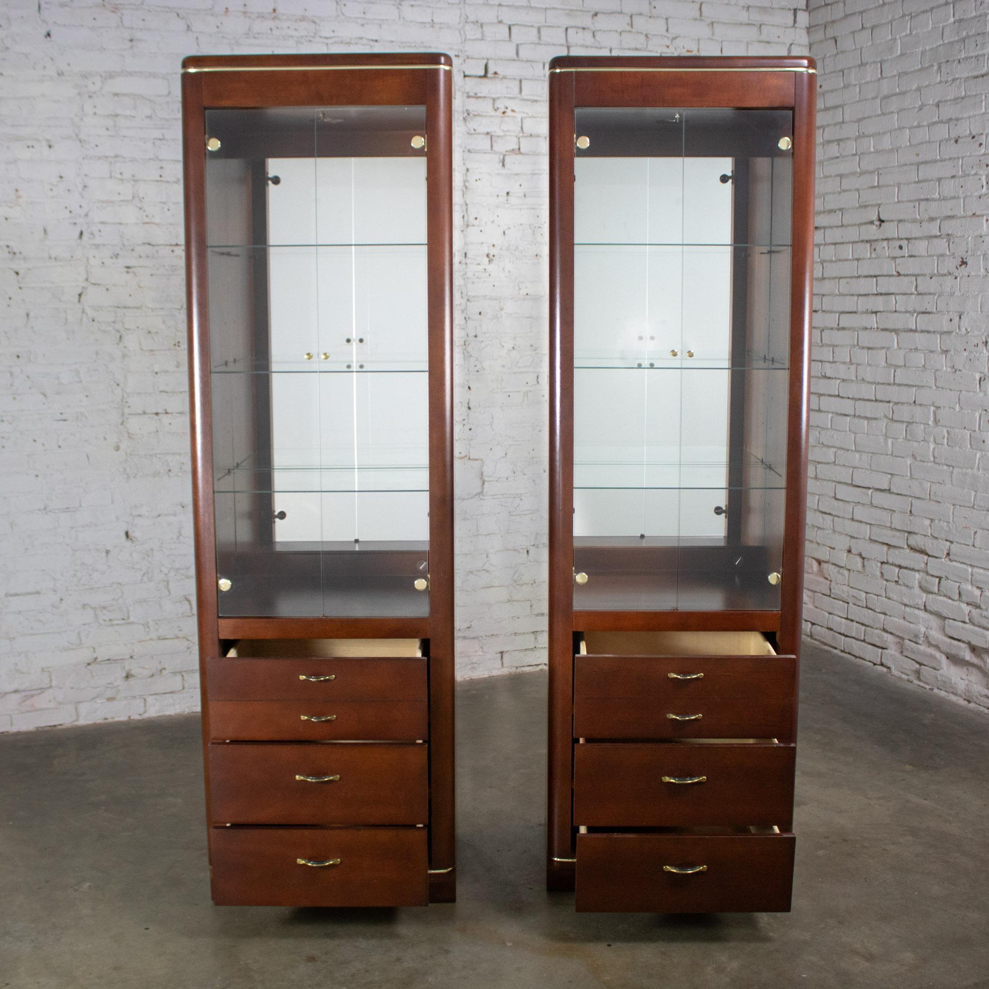 Late 20th Century Modern Pair Lighted Display Cabinets by Bassett Furniture Cherrywood & Brass