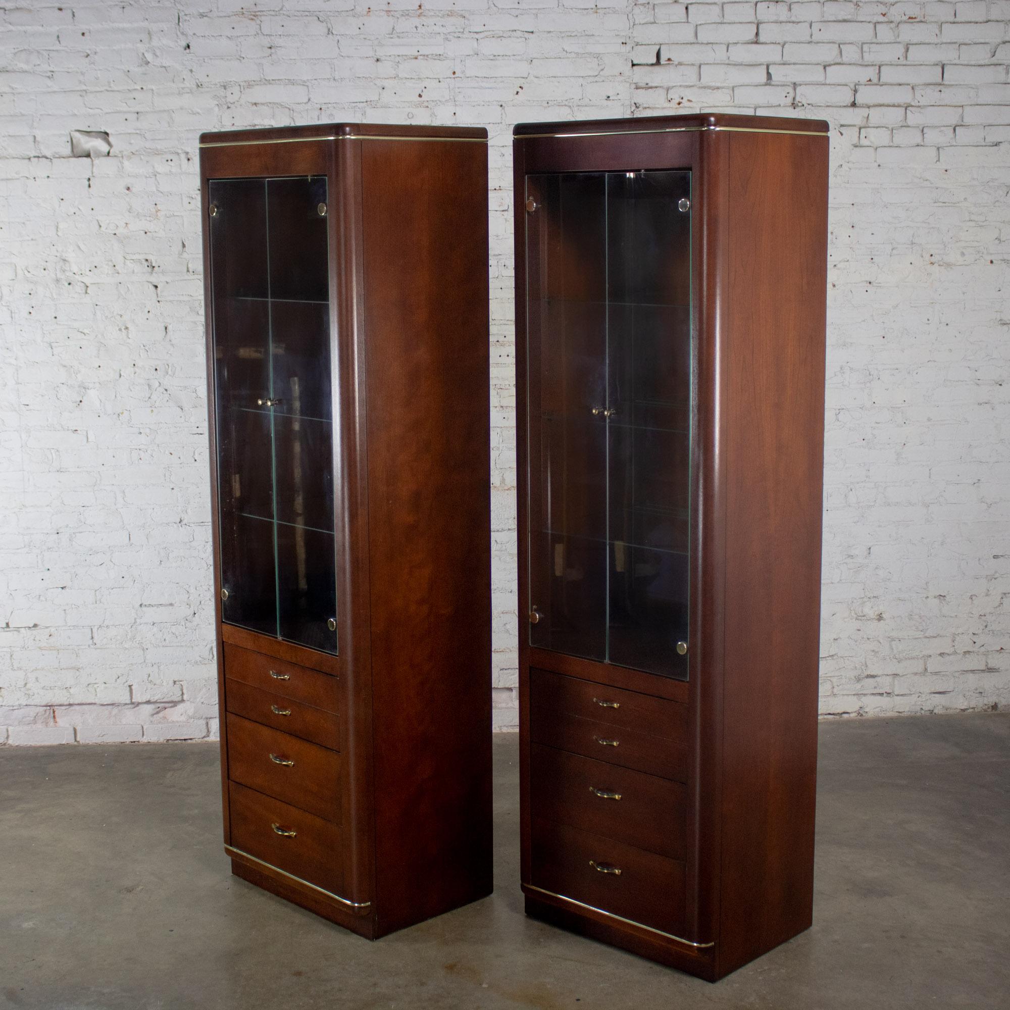 Late 20th Century Modern Pair Lighted Display Cabinets by Bassett Furniture Cherrywood & Brass