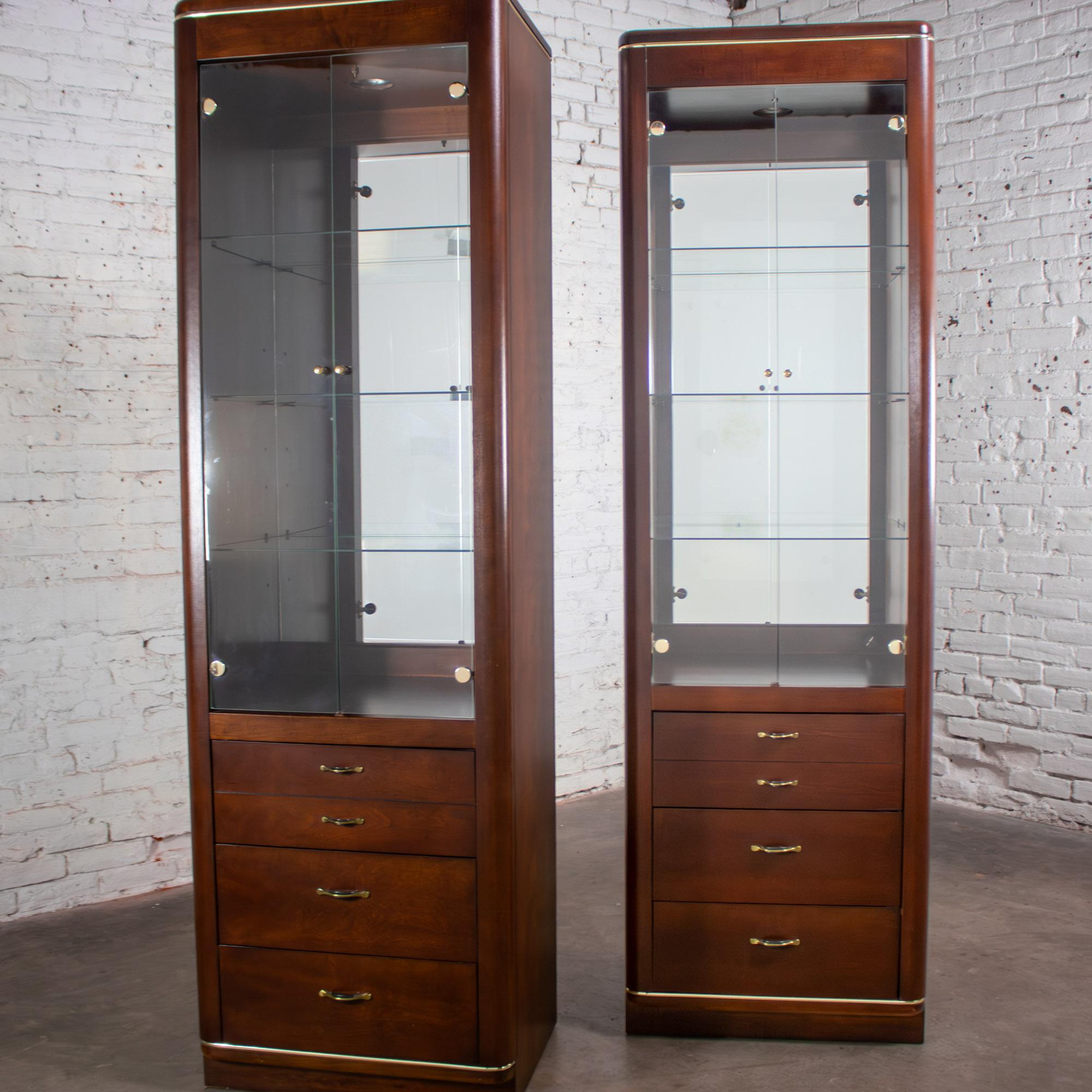 Late 20th Century Modern Pair Lighted Display Cabinets by Bassett Furniture Cherrywood & Brass