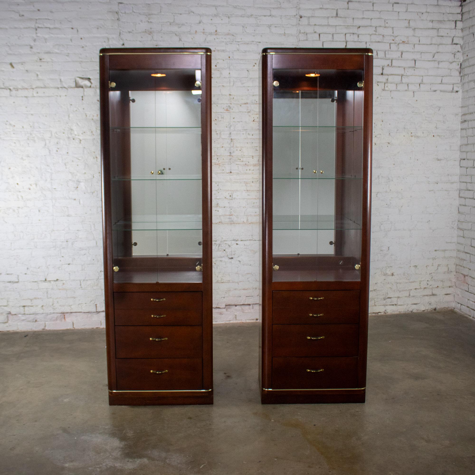 Late 20th Century Modern Pair Lighted Display Cabinets by Bassett Furniture Cherrywood & Brass