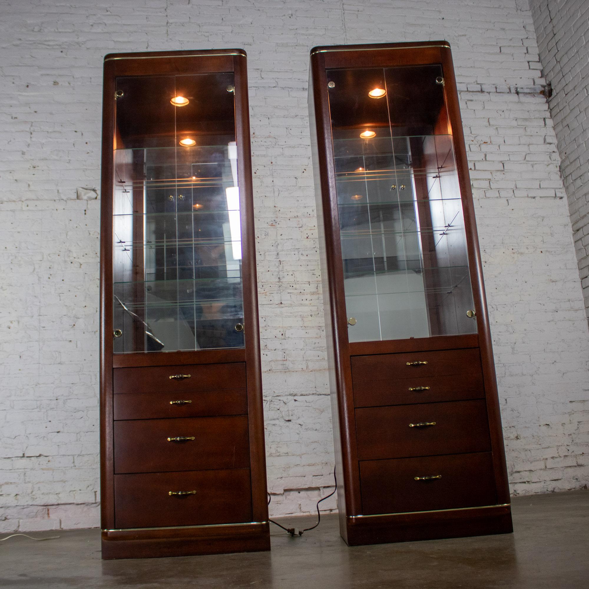 Late 20th Century Modern Pair Lighted Display Cabinets by Bassett Furniture Cherrywood & Brass