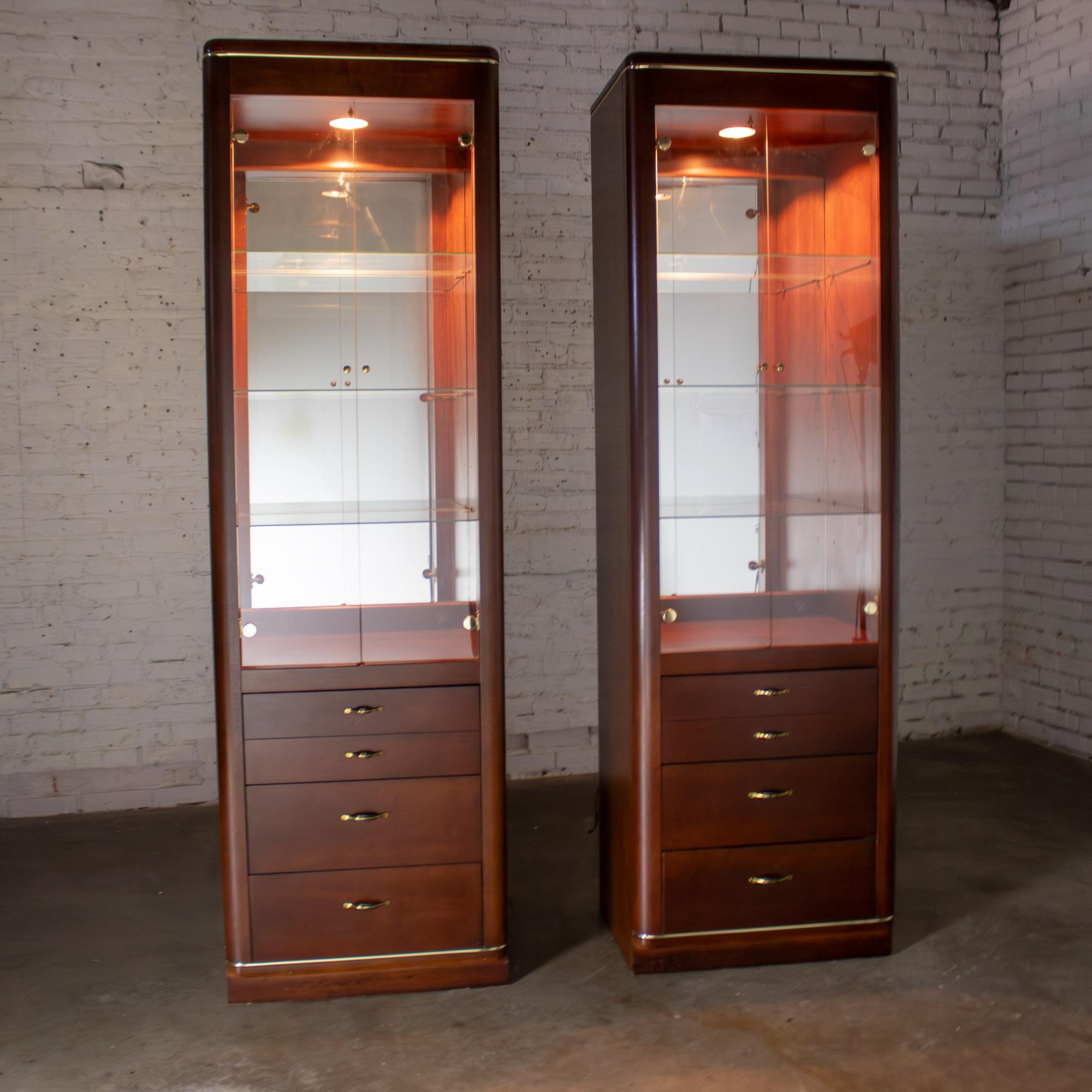 Late 20th Century Modern Pair Lighted Display Cabinets by Bassett Furniture Cherrywood & Brass
