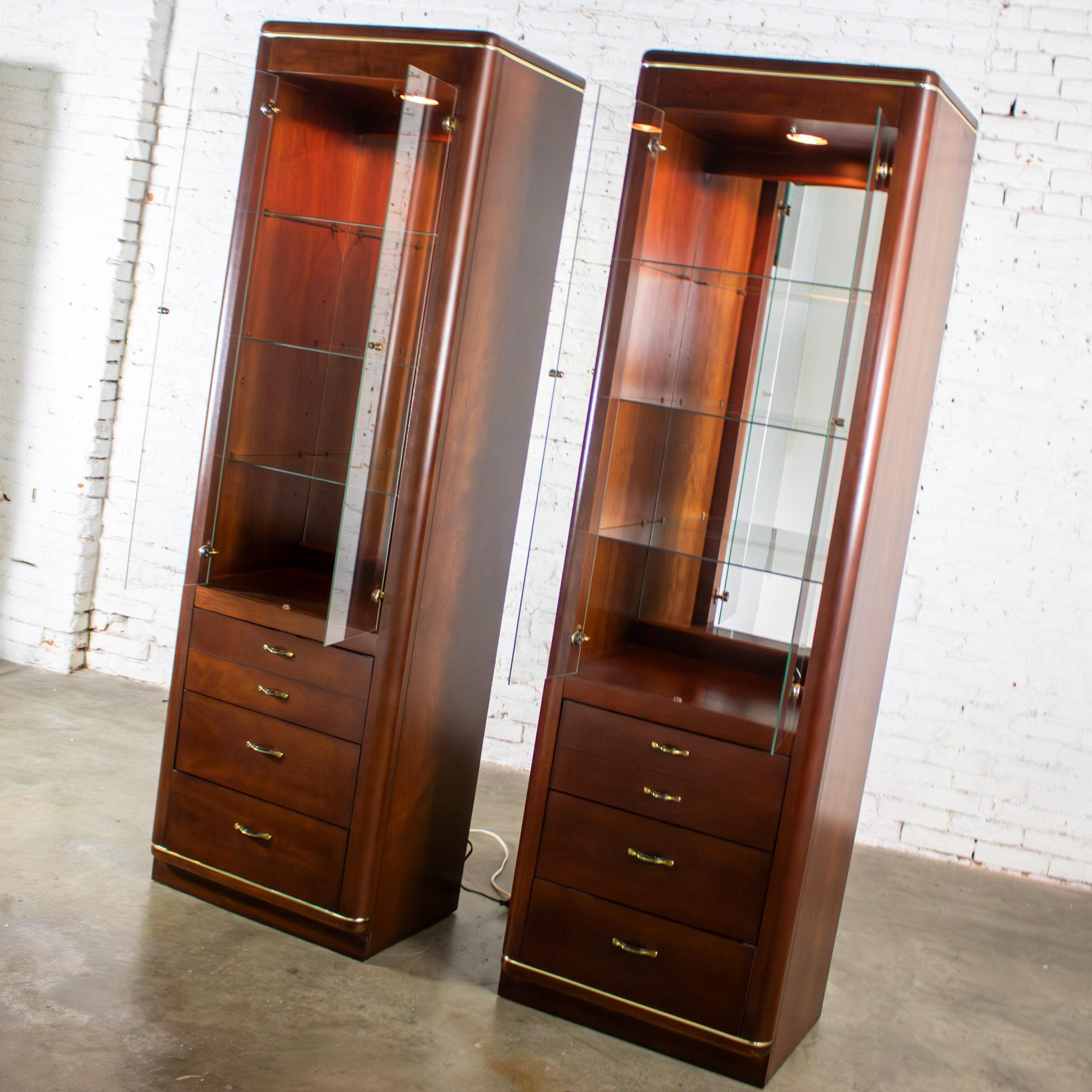 Late 20th Century Modern Pair Lighted Display Cabinets by Bassett Furniture Cherrywood & Brass