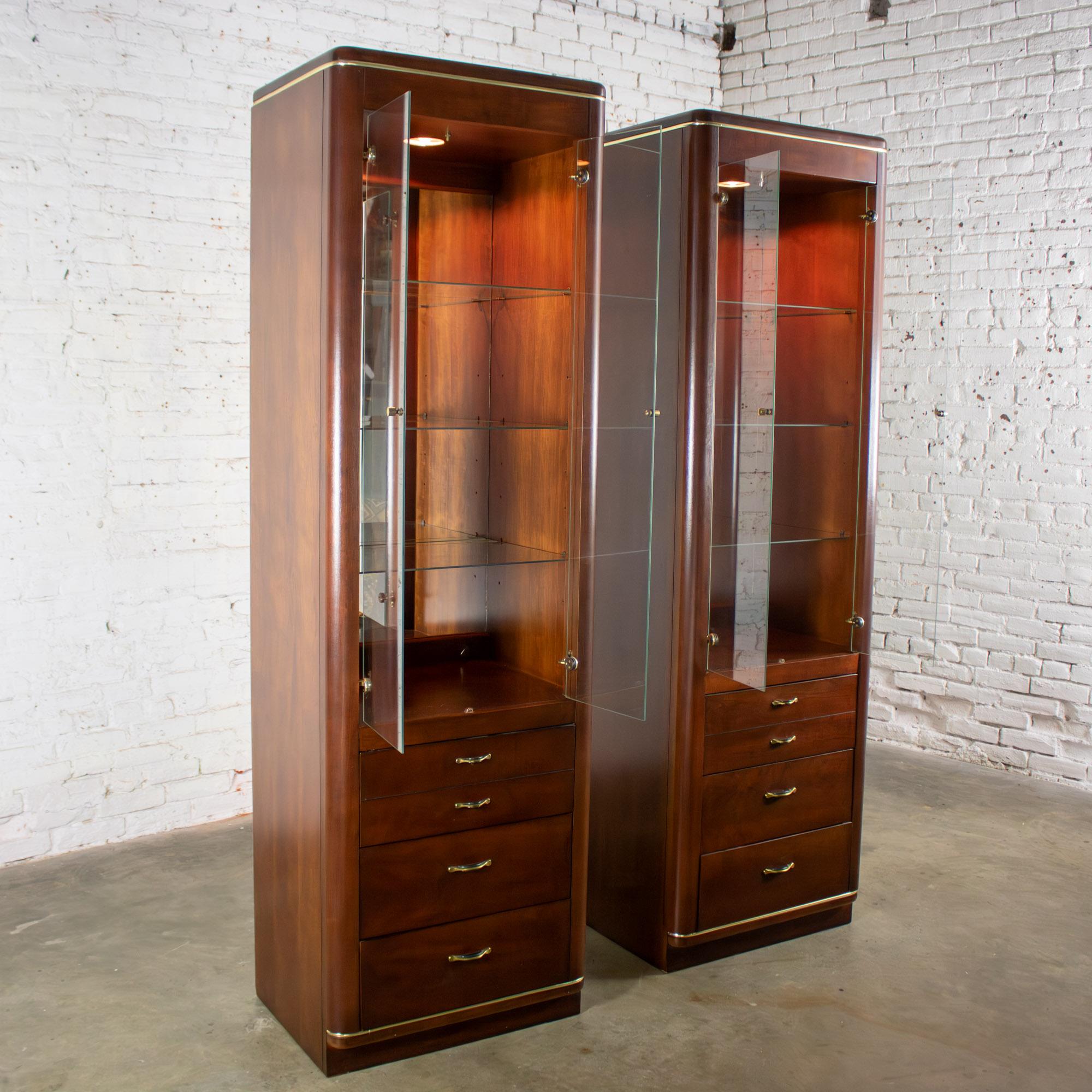 Late 20th Century Modern Pair Lighted Display Cabinets by Bassett Furniture Cherrywood & Brass