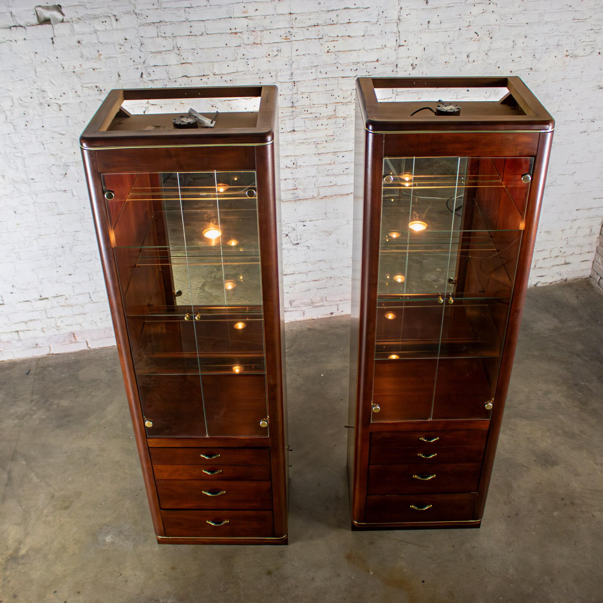 Late 20th Century Modern Pair Lighted Display Cabinets by Bassett Furniture Cherrywood & Brass