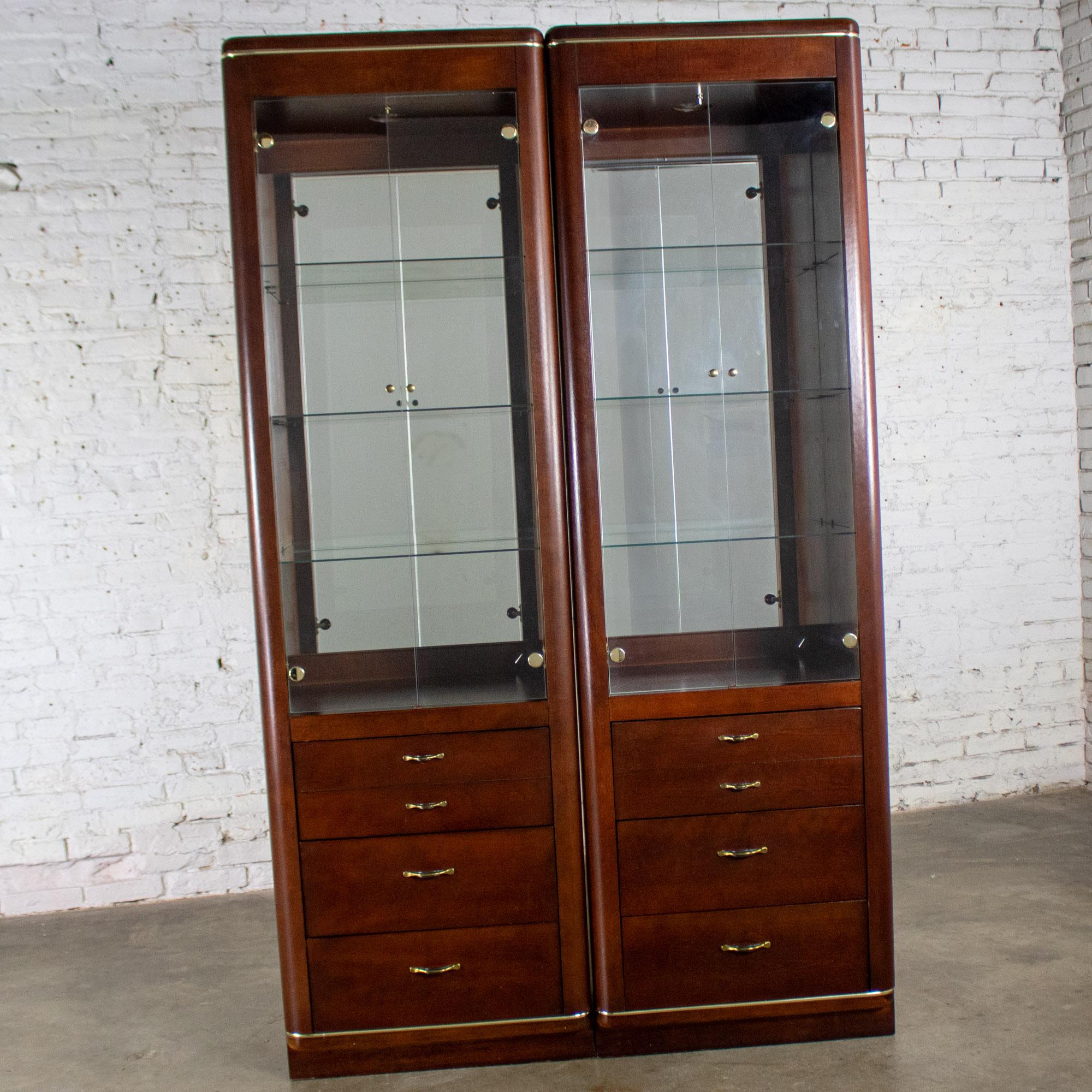 Late 20th Century Modern Pair Lighted Display Cabinets by Bassett Furniture Cherrywood & Brass