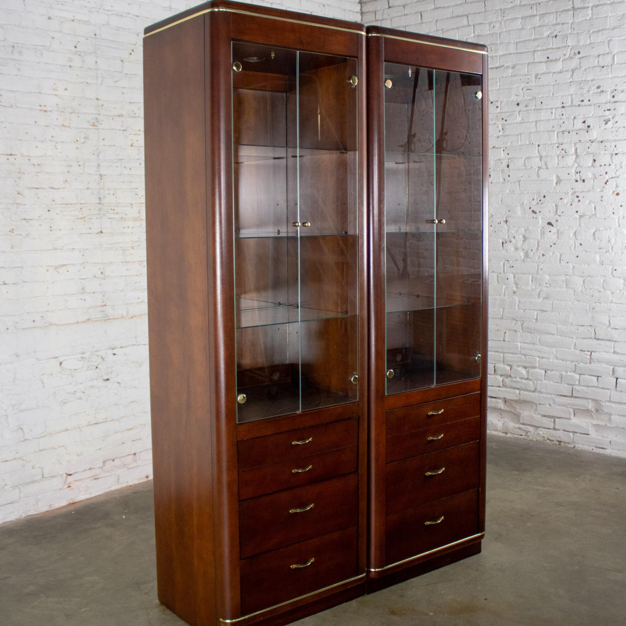 Late 20th Century Modern Pair Lighted Display Cabinets by Bassett Furniture Cherrywood & Brass