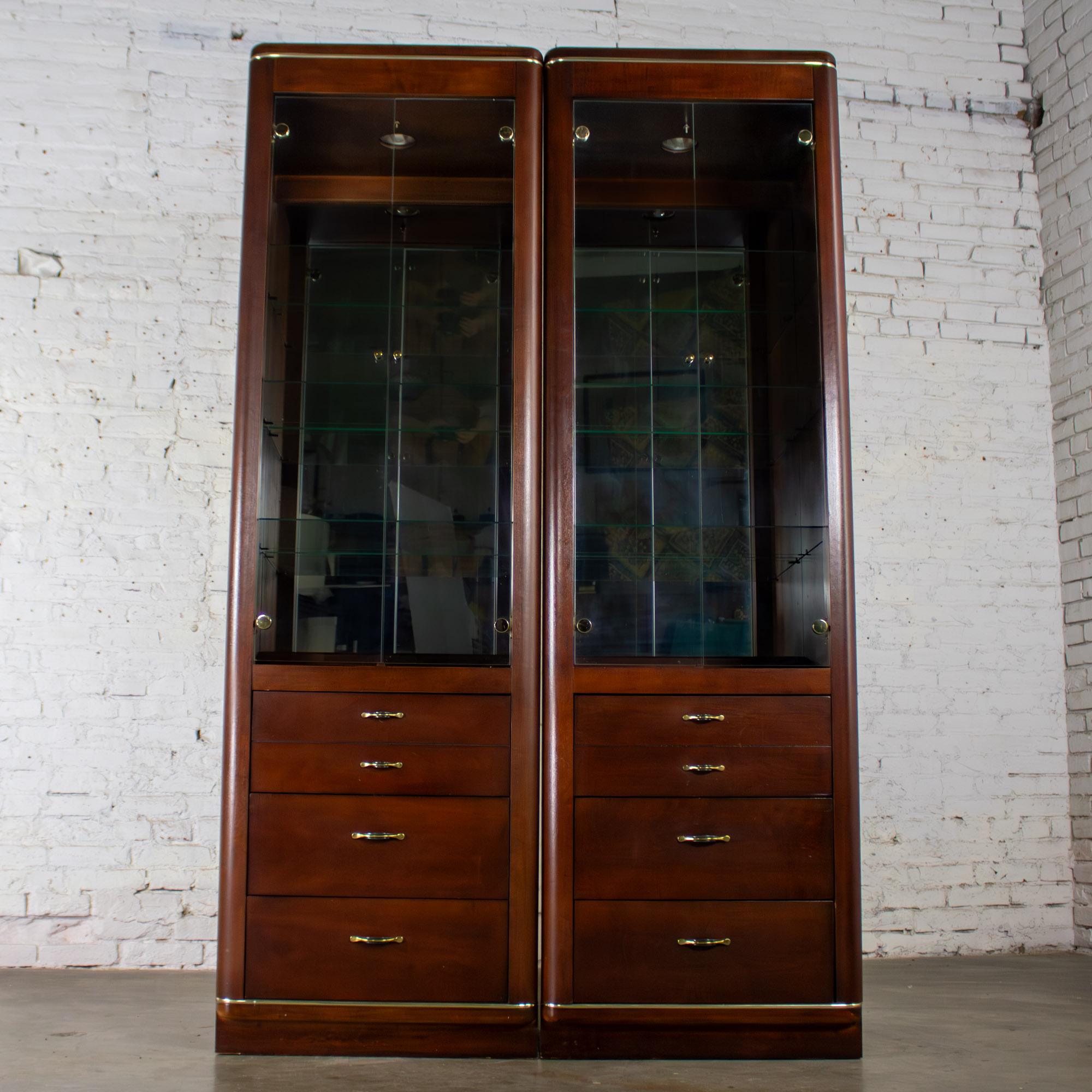 Late 20th Century Modern Pair Lighted Display Cabinets by Bassett Furniture Cherrywood & Brass