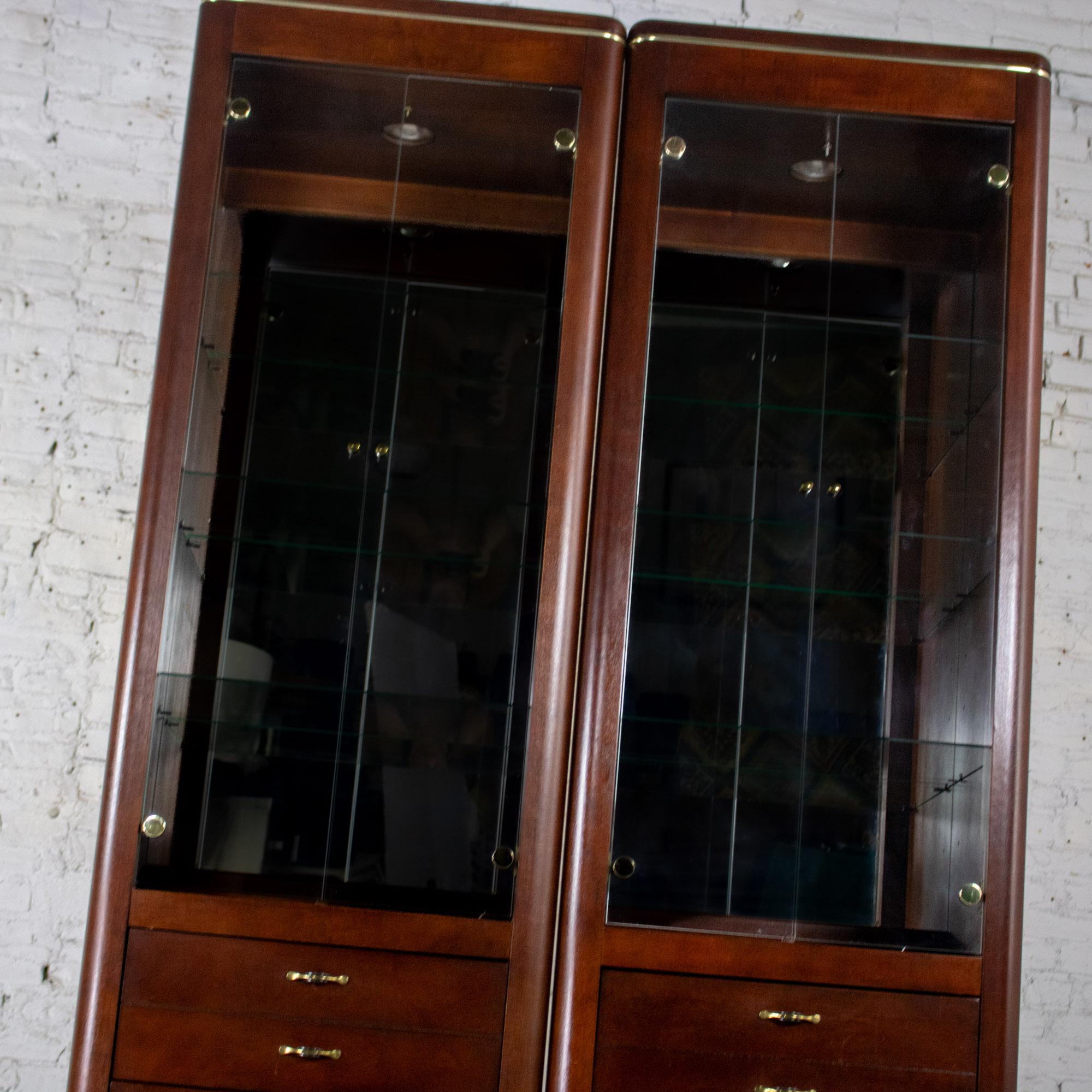 Late 20th Century Modern Pair Lighted Display Cabinets by Bassett Furniture Cherrywood & Brass