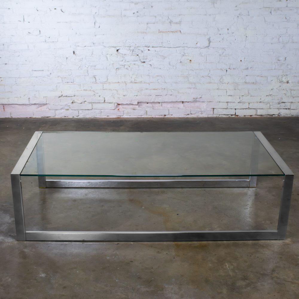 1970’s Mid-Century Modern to Modern Large Coffee Table Rectangular Chrome Tube Frame w/ Sled Base & Glass Top