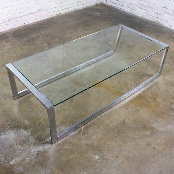 1970’s Mid-Century Modern to Modern Large Coffee Table Rectangular Chrome Tube Frame w/ Sled Base & Glass Top