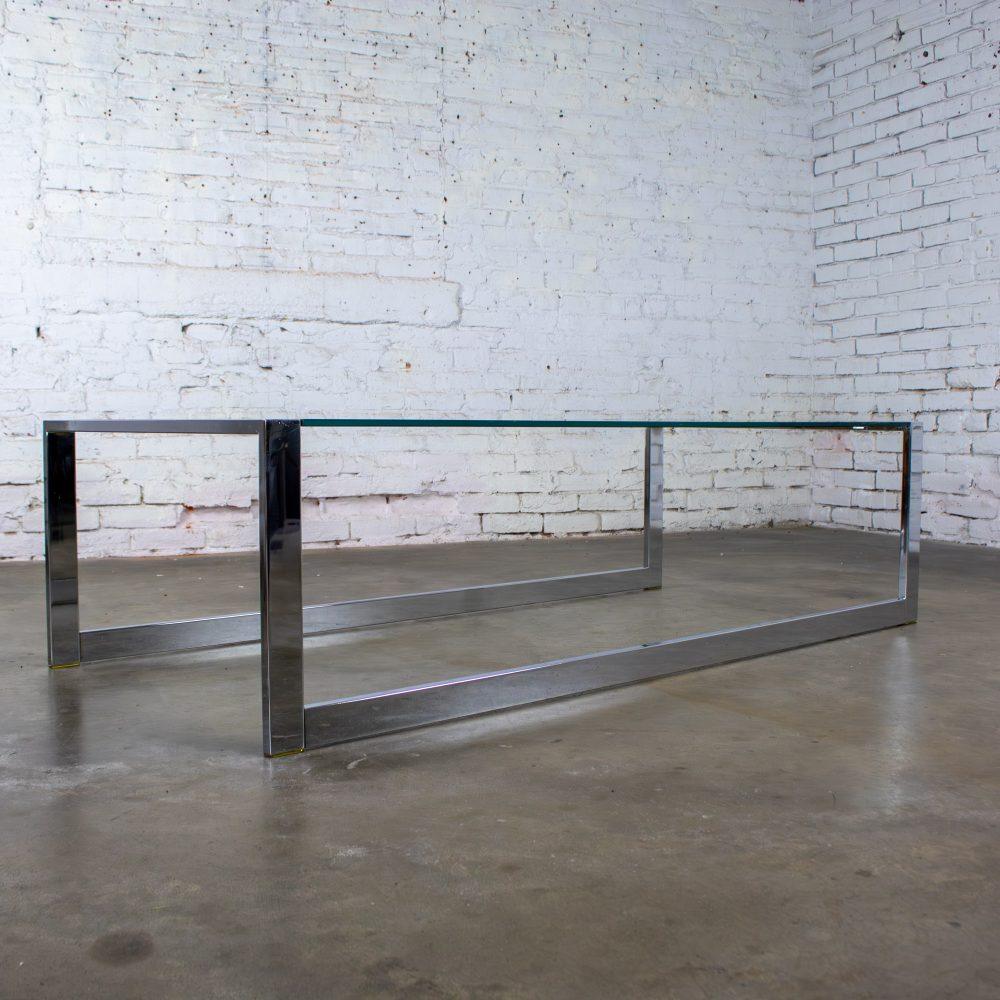 1970’s Mid-Century Modern to Modern Large Coffee Table Rectangular Chrome Tube Frame w/ Sled Base & Glass Top