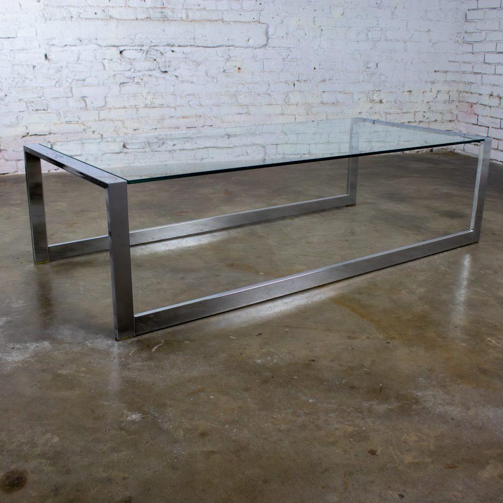 1970’s Mid-Century Modern to Modern Large Coffee Table Rectangular Chrome Tube Frame w/ Sled Base & Glass Top