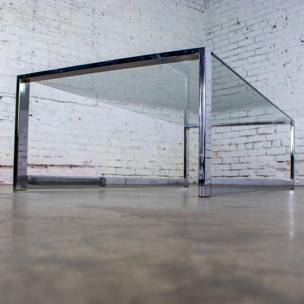 1970’s Mid-Century Modern to Modern Large Coffee Table Rectangular Chrome Tube Frame w/ Sled Base & Glass Top