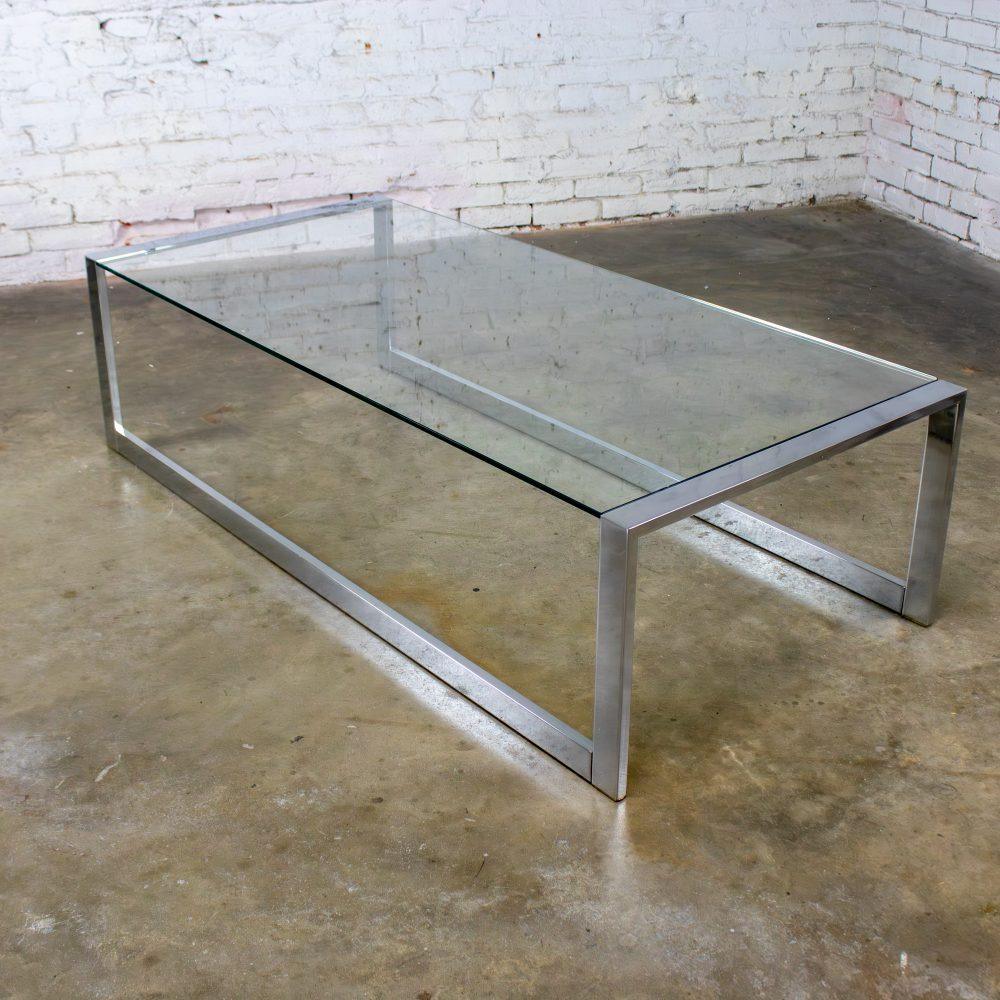 1970’s Mid-Century Modern to Modern Large Coffee Table Rectangular Chrome Tube Frame w/ Sled Base & Glass Top