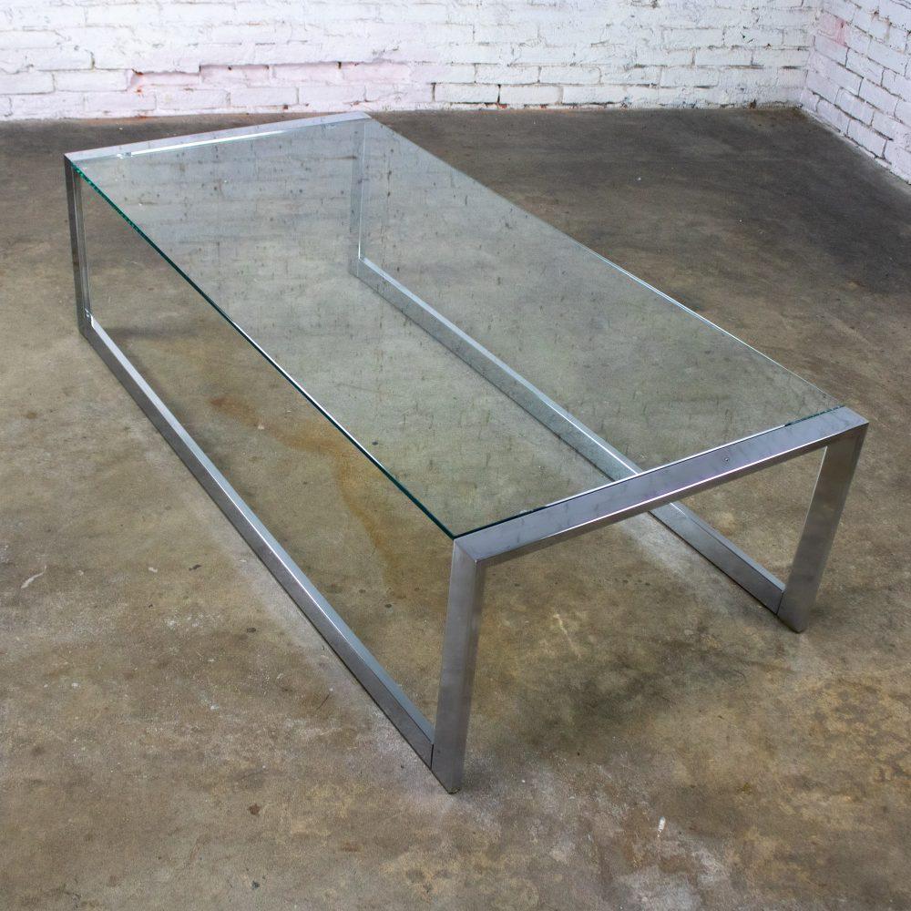 1970’s Mid-Century Modern to Modern Large Coffee Table Rectangular Chrome Tube Frame w/ Sled Base & Glass Top