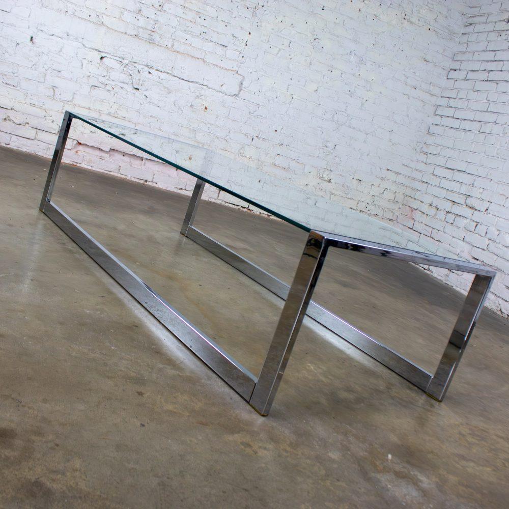 1970’s Mid-Century Modern to Modern Large Coffee Table Rectangular Chrome Tube Frame w/ Sled Base & Glass Top