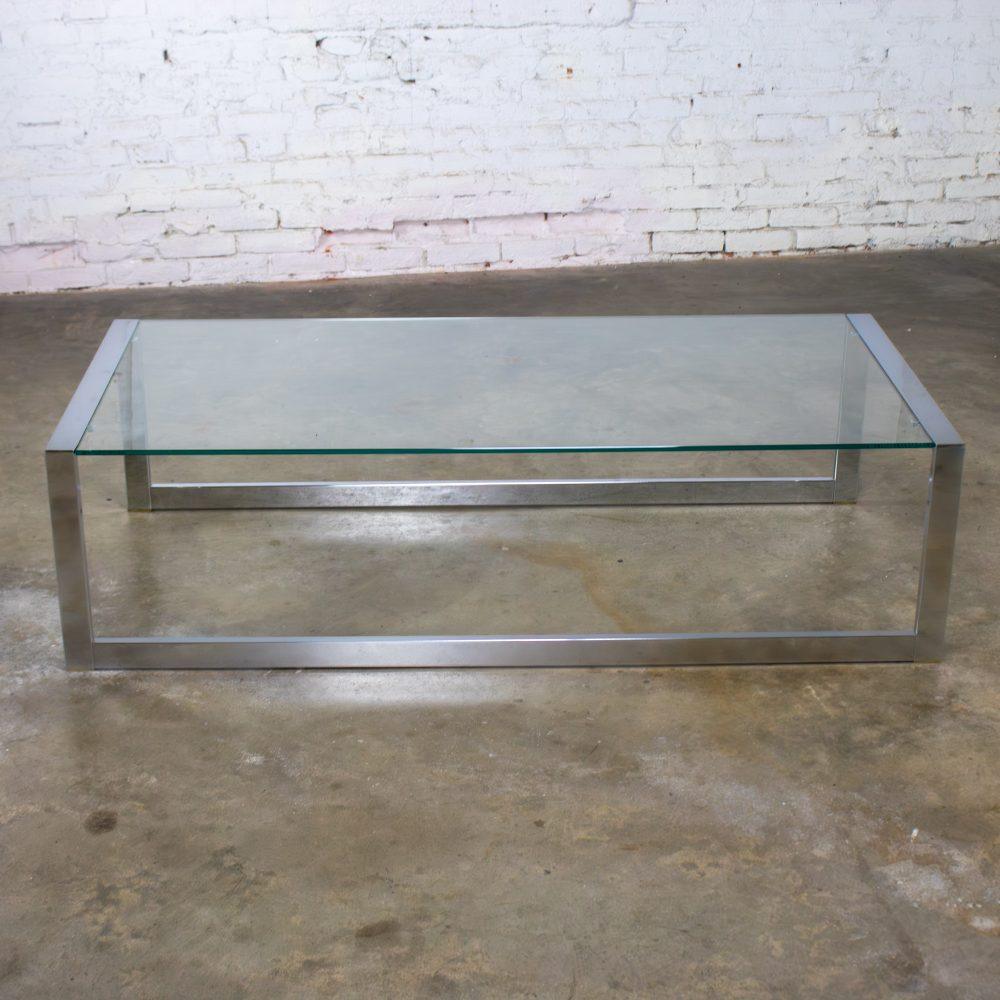1970’s Mid-Century Modern to Modern Large Coffee Table Rectangular Chrome Tube Frame w/ Sled Base & Glass Top