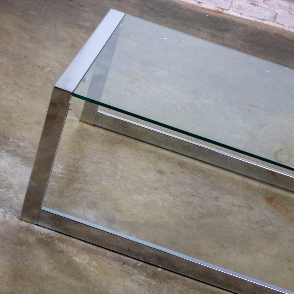 1970’s Mid-Century Modern to Modern Large Coffee Table Rectangular Chrome Tube Frame w/ Sled Base & Glass Top