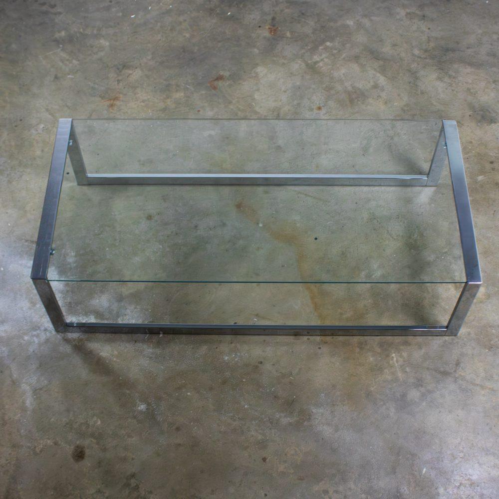 1970’s Mid-Century Modern to Modern Large Coffee Table Rectangular Chrome Tube Frame w/ Sled Base & Glass Top
