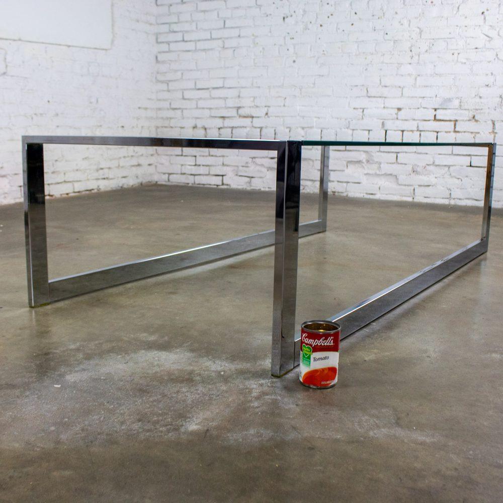 1970’s Mid-Century Modern to Modern Large Coffee Table Rectangular Chrome Tube Frame w/ Sled Base & Glass Top