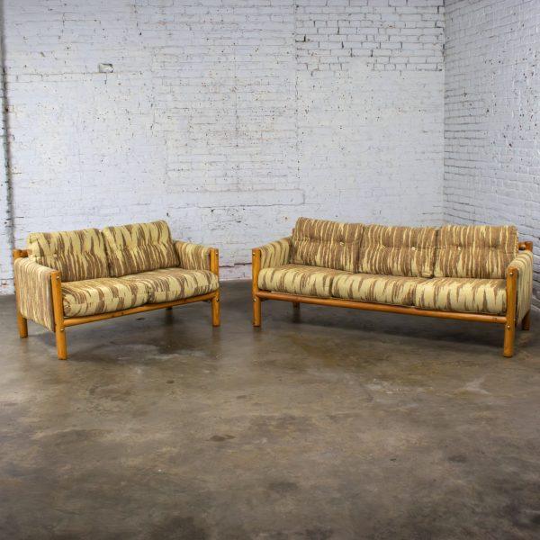 Mid to Late 20th Century MCM to Modern Sofa & Loveseat Set Solid Pine Log Frames & Canvas Slings w/Flame Stitch Fabric