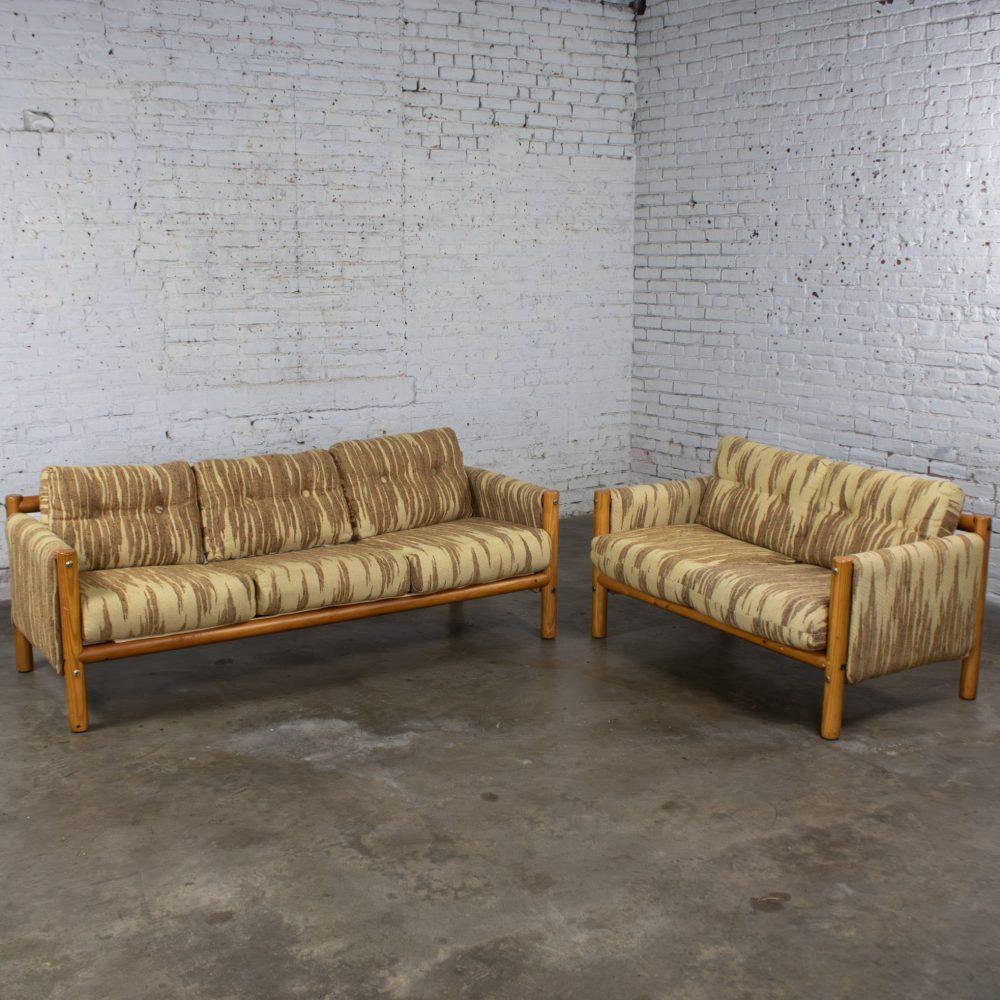 Mid to Late 20th Century MCM to Modern Sofa & Loveseat Set Solid Pine Log Frames & Canvas Slings w/Flame Stitch Fabric