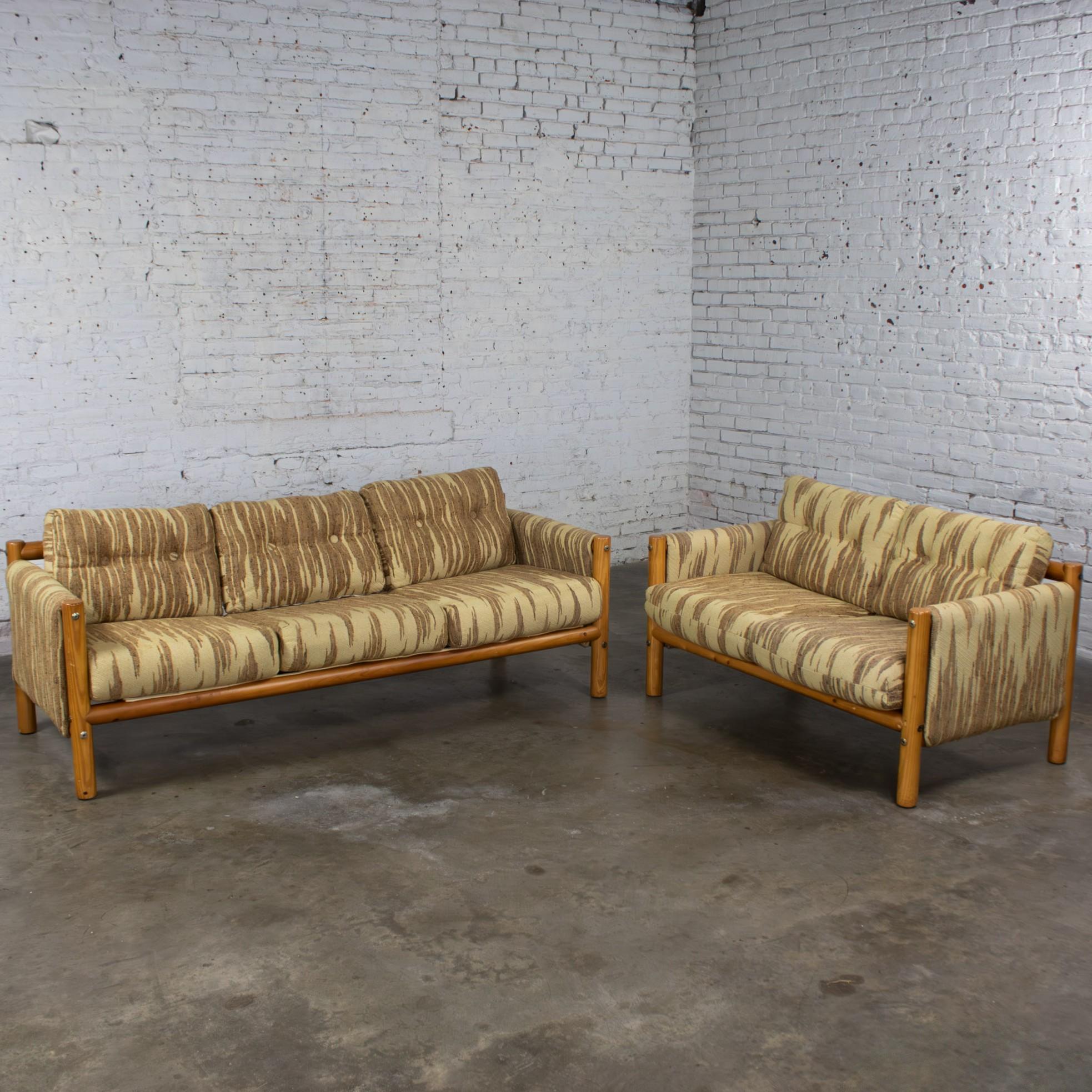 Mid to Late 20th Century MCM to Modern Sofa & Loveseat Set Solid Pine Log Frames & Canvas Slings w/Flame Stitch Fabric