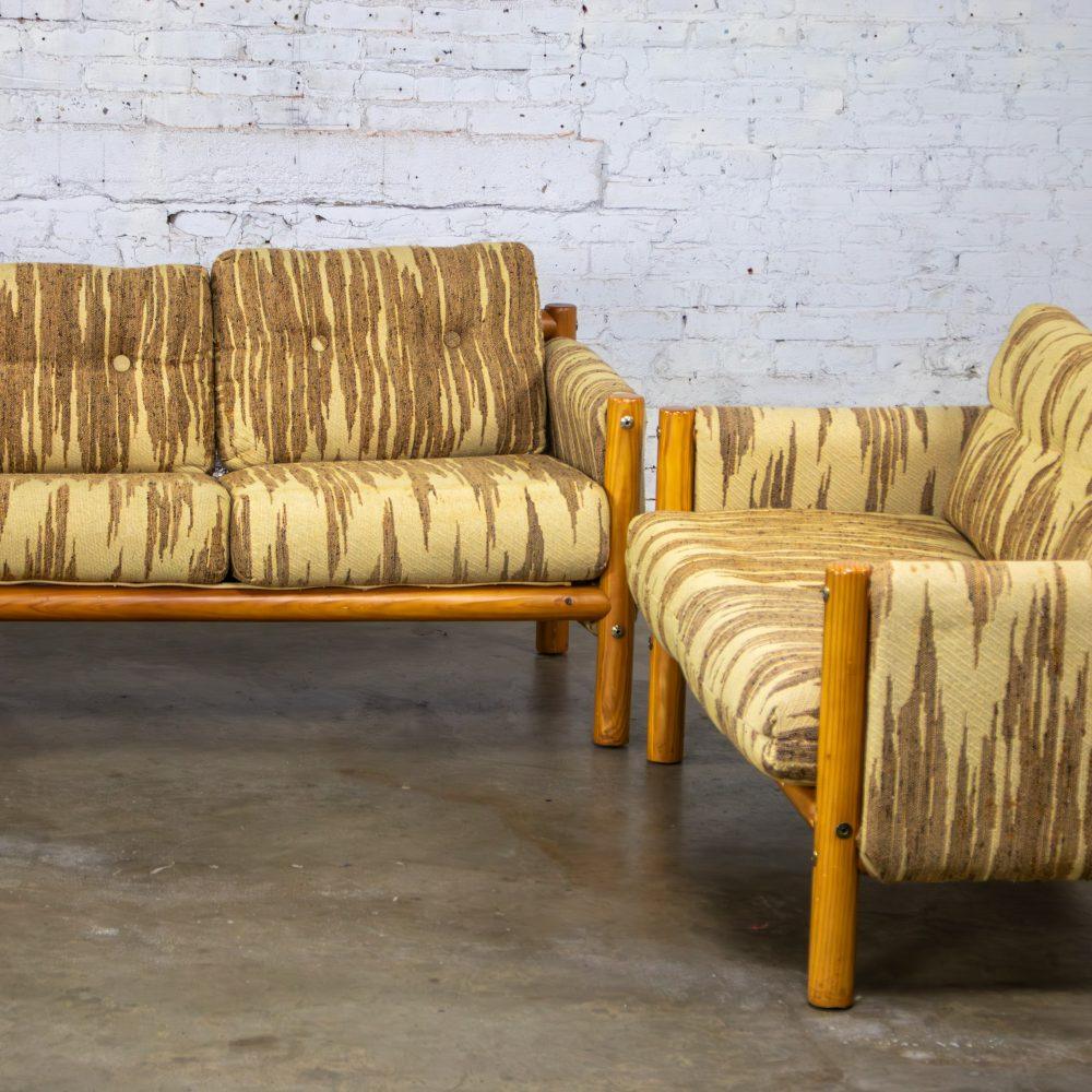 Mid to Late 20th Century MCM to Modern Sofa & Loveseat Set Solid Pine Log Frames & Canvas Slings w/Flame Stitch Fabric