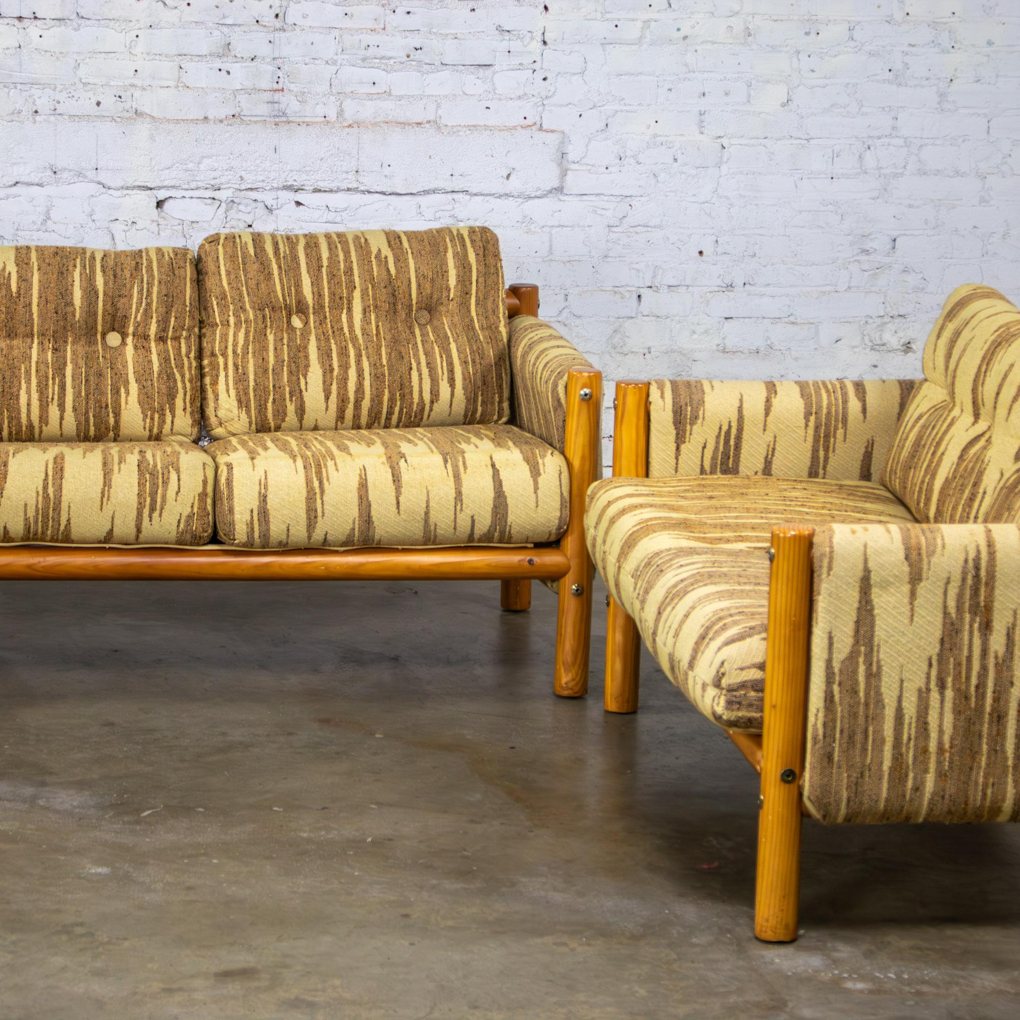 Mid to Late 20th Century MCM to Modern Sofa & Loveseat Set Solid Pine Log Frames & Canvas Slings w/Flame Stitch Fabric